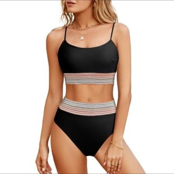 Eytino Women’s High-Waist Bikini Set Small Black Rainbow Lettuce Hem Girly  NWOT - Picture 1 of 6